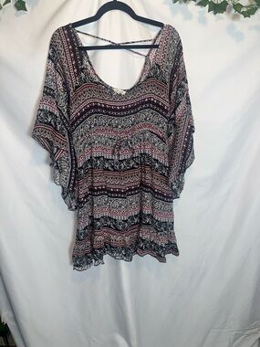 Rebellion Black and Pink Paisley-Striped Boho Tunic